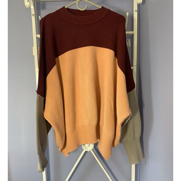 Oversize md Free People Red and Orange Colorblock Pullover Sweater - Picture 1 of 12